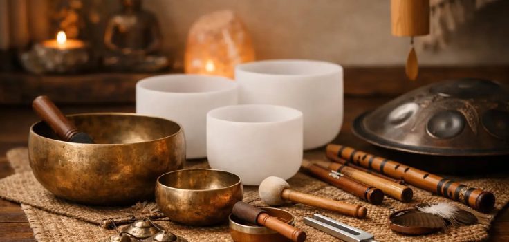 Meditatie klankschalen die gebruikt worden bij meditatiesessies Sattva Studio